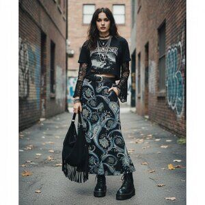 Vintage Y2K Georgia Rylie Paisley Maxi Skirt Flared Hem Elastic Waist Size L USA